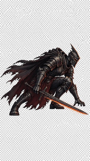 dark fantasy 2D side-scroller pixel art character, full body idle pose, crouched low and facing right, a souls-like boss called Forgotten Knight, heavy matte-black and charcoal plate armor, closed helmet with a sharp crest, layered pauldrons, dark tattered cloak and cloth hanging behind, compact crouching stance, one hand holding a sword low near the ground, the sword edge emitting a bright glowing orange ember trail, subtle orange light reflecting on the armor, detailed but clean readable pixel clusters, dark gothic mood, menacing and ancient, clean silhouette, game-ready sprite, isolated character only, transparent background, no environment, no floor, no text, no UI, side view, pixel art, high detail, consistent proportions