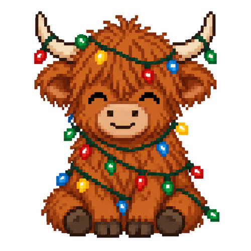 Cute highland cow smiling. Sitting and wrapped in Christmas lights. White background 