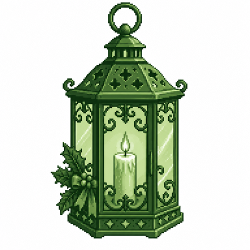 A vintage Christmas lantern with decorative metal scrollwork and a visible candle. White background 