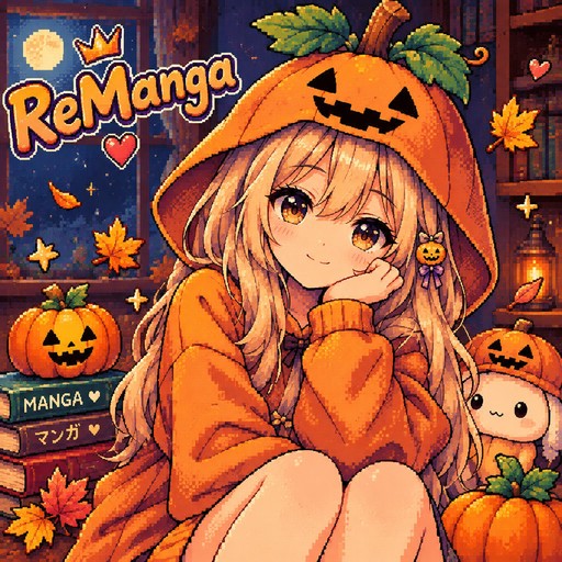 Pixel art of an orange-clad person in a pumpkin hat surrounded by autumn decorations and manga books.