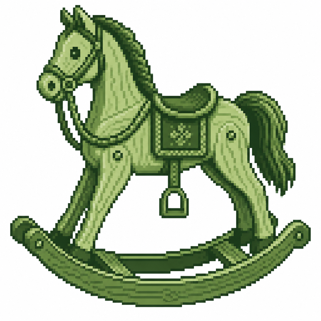 A vintage rocking-horse ornament with painted wood grain and braided reins. White background