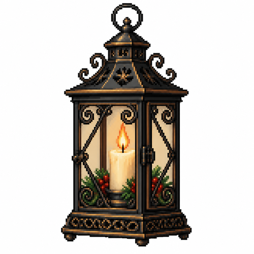 High contrast image on a white background i’ll be vintage Christmas lantern with decorative metal, scrollwork, and visible candle