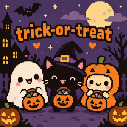 
Cute Kawaii imagery with Text that says trick-or-treat