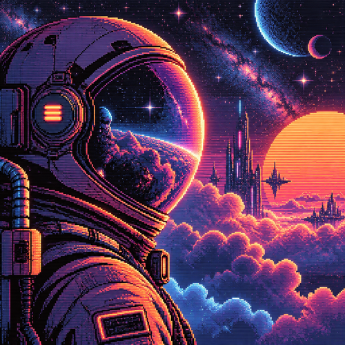 close-up profile of a faceless astronaut with a bubble helmet in front of clouds and stars in a detailed pixel art style. Colors are orange, pinks, blues and purples 