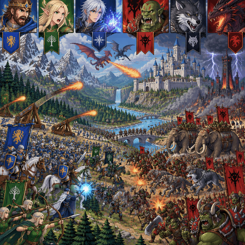 Orc army, human and elf army, war, casle, mountain, river, forest, catapult, wolfs, dragons, giant elephants, archers, knights, warriors, wizards, fire bolt, thunder, flags
