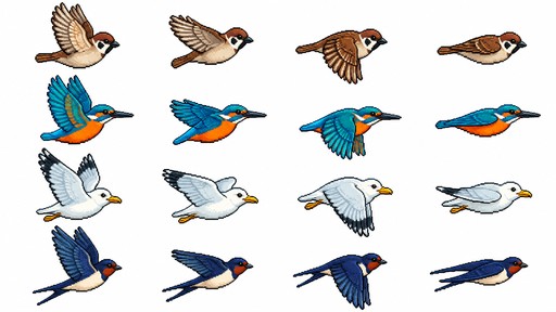 A 2D pixel art sprite sheet of 4 different river birds for a cozy 16-bit fishing RPG, isolated on a pure solid white background #FFFFFF:

1. Species Included:
   - Row 1: Common Eurasian Tree Sparrow (small brown/beige plumage, dark cheek spot).
   - Row 2: Common River Kingfisher (vivid turquoise blue back, bright orange belly, sharp pointed beak).
   - Row 3: White River Seagull / Dove (clean white plumage, soft light-grey wingtips, yellow beak).
   - Row 4: European Barn Swallow (deep navy-blue glossy back, reddish-chestnut throat, long forked tail).

2. Animation & Pose Requirements:
   - Perspective: Exact flat horizontal side-view profile (facing right).
   - Frames: 4-frame horizontal flight sequence for each bird (Wing Up, Wing Level, Wing Down, Gliding pose).
   - Layout: Clean grid format, evenly spaced frames with ample margins between rows and columns.

3. Style & Quality:
   - 16-bit retro aesthetic, Stardew Valley cozy pixel style.
   - Sharp crisp pixel outlines, distinct silhouettes, no anti-aliasing against the background.
   - Clean color palette with high contrast.

4. Background & Isolation:
   - Solid pure flat white background #FFFFFF for clean chroma-key and alpha masking.
   - Strictly NO shadows on the ground, NO sky gradients, NO scenery, NO clouds, NO text, NO watermarks.