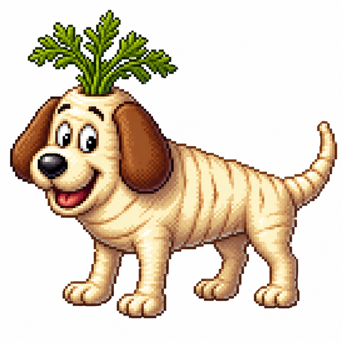 Cartoon parsnip dog (quadruped), full body, white background