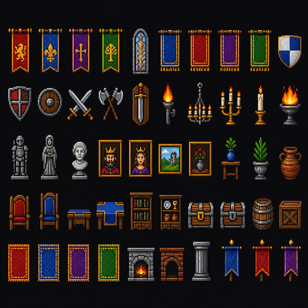 A 2d pixel art sprite sheet full of 50 assets evenly spaced in rows of 10 and columns of 5 evenly spaced 32x32 pixels. Completely squared corners. Clean crisp lines and sharp edges. Fully orthogonal. Let’s do castle interior decorations. All high definition.