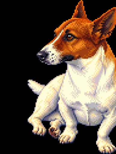 Pixel art of a brown-and-white dog sitting against a black background.