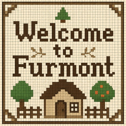 Create a 32×32 pixel art image for an Animal Crossing: New Horizons custom design. The canvas must contain exactly 32 columns × 32 rows of discrete square cells. Each cell must be a single, completely uniform solid color. NO gradients, shading, anti-aliasing, texture, dithering, highlights, transparency, or multiple colors within any individual cell. Every color change must occur only at the boundary between two cells. Make every pixel a perfect square of identical size. Add a thin grid line around every individual 1×1 pixel cell so all 32×32 cells are clearly visible. It should say Welcome to Furmont in beige, brown, neutral colors. Use a limited color palette and hard edges only. Do not create details smaller than one pixel.