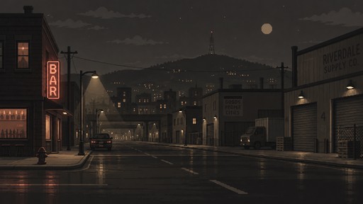 - use a warm grey color palette
- show a street scene, flat perspective
- night time
- show a city street with some rolling hills visible in the background
- some warehouses, and a bar with a neon sign
