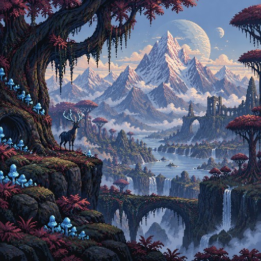 A beatiful strange forest with a view on huge mountains.
