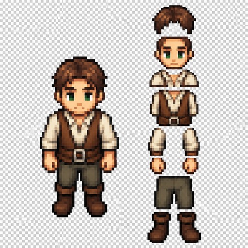 Pixel art sprite sheet for a top-down RPG. Canvas 64×128 px (width×height), transparent background. Style: 16-bit pixel art, limited palette of 10–12 colors, hard pixels, no anti-aliasing, no semi-transparent shadows, no gradients, no blur. Aligned pixel grid.

Character: commoner, adult male, full body, strictly symmetrical, facing straight forward, looking directly at the viewer. Gaze directed at the camera, not to the side, not down-right, not at 4 o’clock. Head not turned left or right. Body not rotated. Both eyes at the same level, nose centered, shoulders symmetrical. View: elevated top-down / 3/4 top-down by camera only — camera slightly above, but the character remains front-facing; top of head slightly visible, face fully open and symmetrical.

Clothing: linen shirt, brown vest or wide belt, simple pants, leather boots.

Composition: left half (x 0–31) — full-body character. Right half (x 32–63) — separate body part sprites of the same character, stacked vertically from top to bottom: hair, head, shoulders, torso, arms, hands, legs, feet. Body parts match the character’s colors and proportions. Each element separated by a 2–4 px transparent gap, not clipped by canvas edges. No text, labels, frames, decorative background. High readability when zoomed in.

Negative prompt:
text, letters, watermark, signature, frame, background, landscape, ground shadow, blur, anti-aliasing, gradients, semi-transparency, 3D, realism, anime, perspective, side view, profile, three-quarter view, 3/4 view, isometric, turned head, rotated body, looking to the side, looking at 4 o’clock, one eye visible, asymmetrical face, asymmetrical shoulders, clipped parts, extra limbs, distorted proportions.