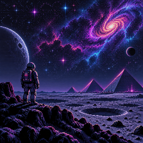 Astronaut standing on a moon from a distance looking at nebula and stars in the sky above. Pyramids are in the distance on the moon