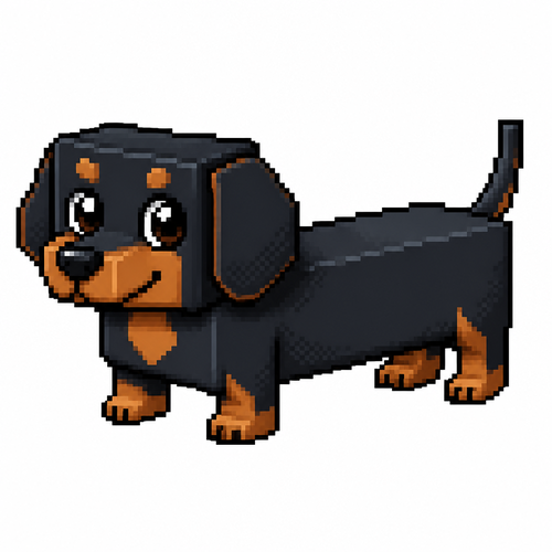 Cartoon cube dachshund, full body, white background