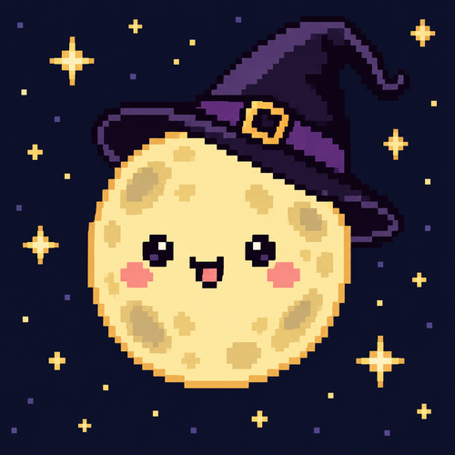 Cute kawaii full moon with a witch hat. Stars surrounding the background 