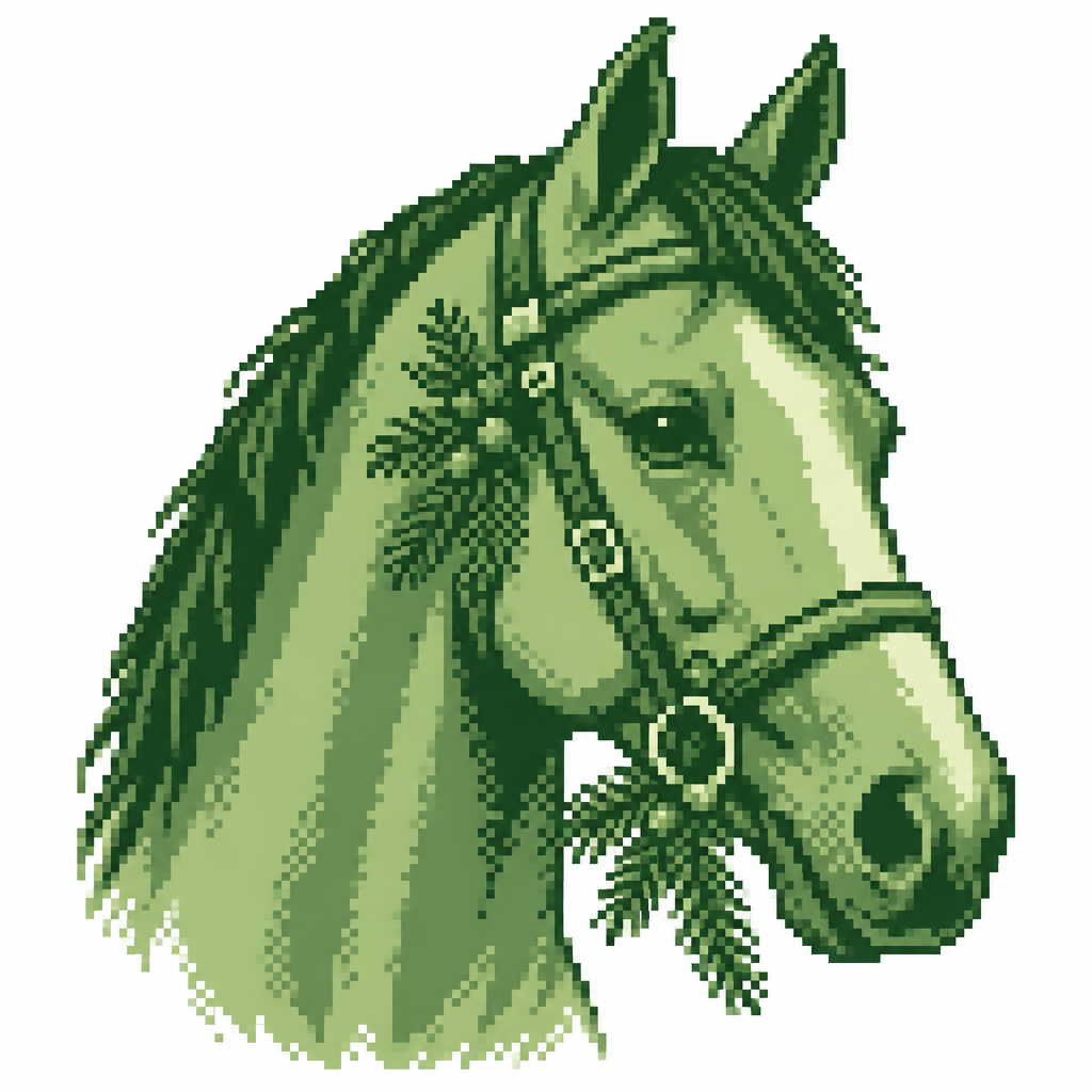 A horse head portrait wearing a bridle decorated with attached evergreen sprigs. White backgrounds.