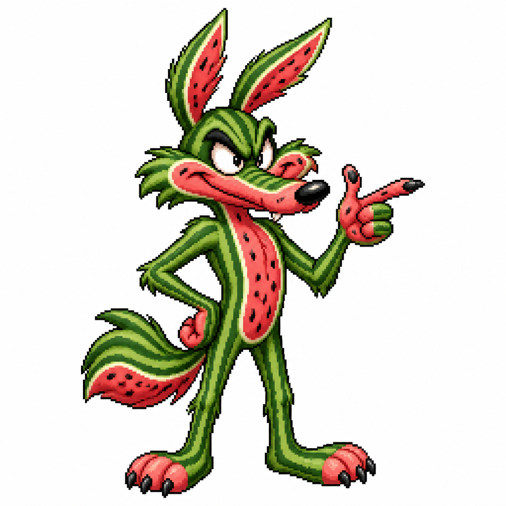 Cartoon watermelon coyote, full body, white background