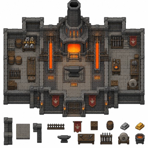 Giant forge building set, white background