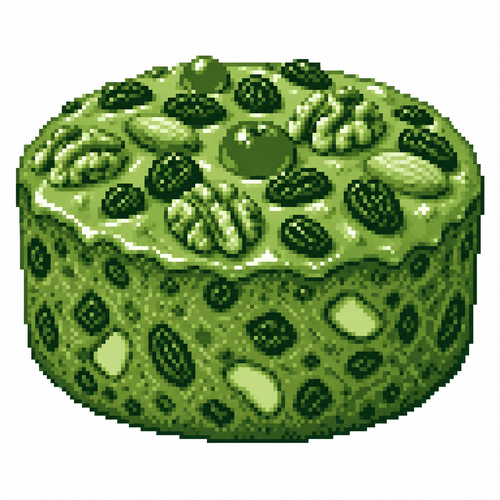 A whole Christmas fruitcake with exposed nuts, dried fruit, and glossy glaze. White background 
