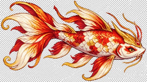 Create a 2D pixel art sprite of a legendary koi fish inspired by dragon and phoenix motifs for a cozy fishing game.
Style: retro pixel art, crisp edges, transparent background, side view, facing right.
Design: elegant koi fish with flowing fins, rich red, gold, white colors, fantasy details suggesting dragon-phoenix energy, beautiful and premium looking.
Readable silhouette, decorative but still suitable as a game sprite.
No text, no frame, no background scenery, no UI.
Transparent background only.