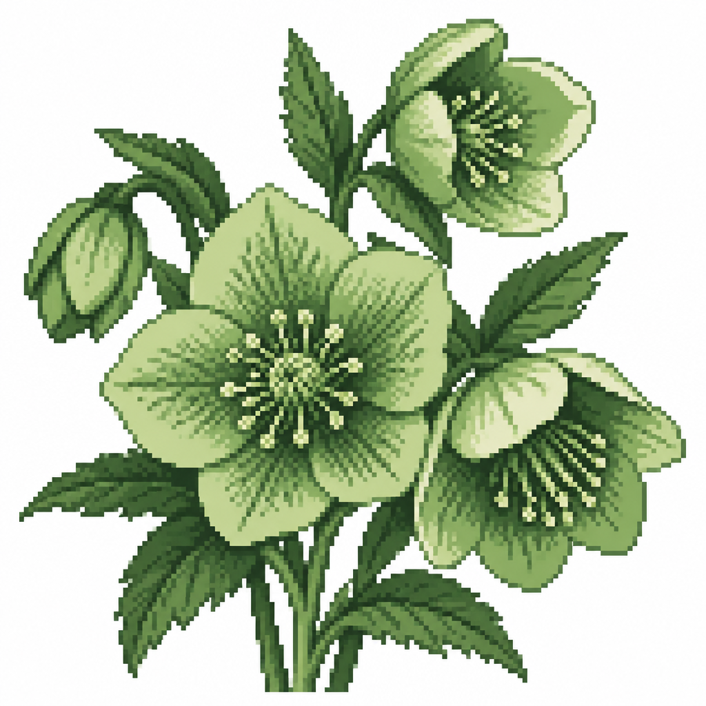 A cluster of winter hellebore blooms with detailed petals and stamens. White background.