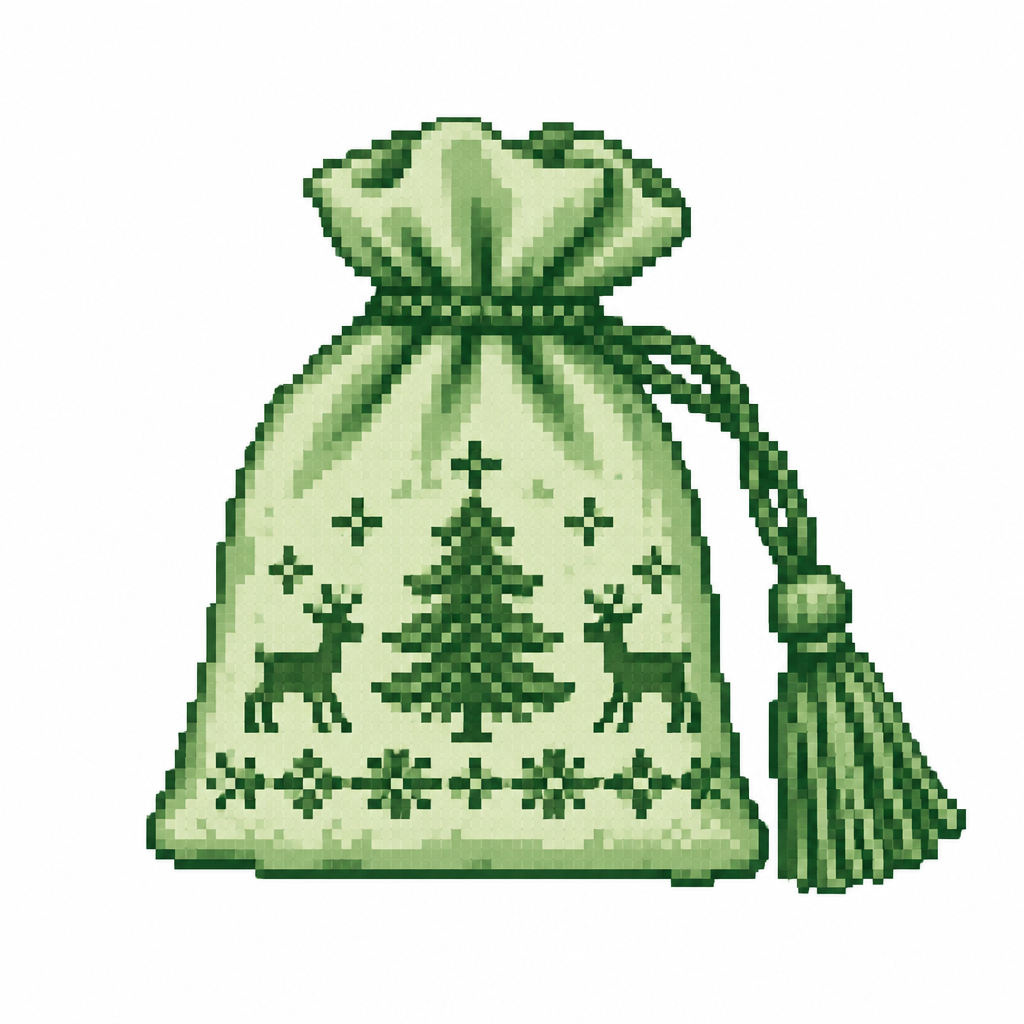 White background. An embroidered Christmas sachet with gathered fabric and a tasseled drawstring.