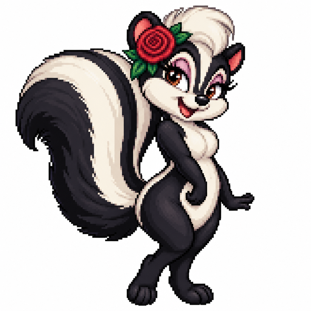 Cartoon rose skunk, full body, white background