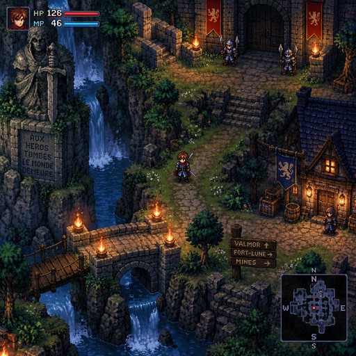 « Une scène de jeu d'action-aventure fantasy en vue de dessus, inspirée des jeux 2D de la génération PlayStation, avec des sprites détaillés, une palette riche, des effets de lumière et des décors plus complexes, comme si un jeu SNES de 1991 avait été développé pour la PlayStation en 1996. »
