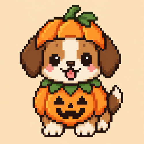 Cute kawaii puppy dressed in a pumpkin costume. Plain background 