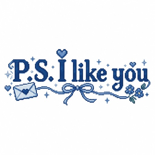 make a title called (P.S. I like) you in dark blue pixel are with the I in the title make the dot a heart