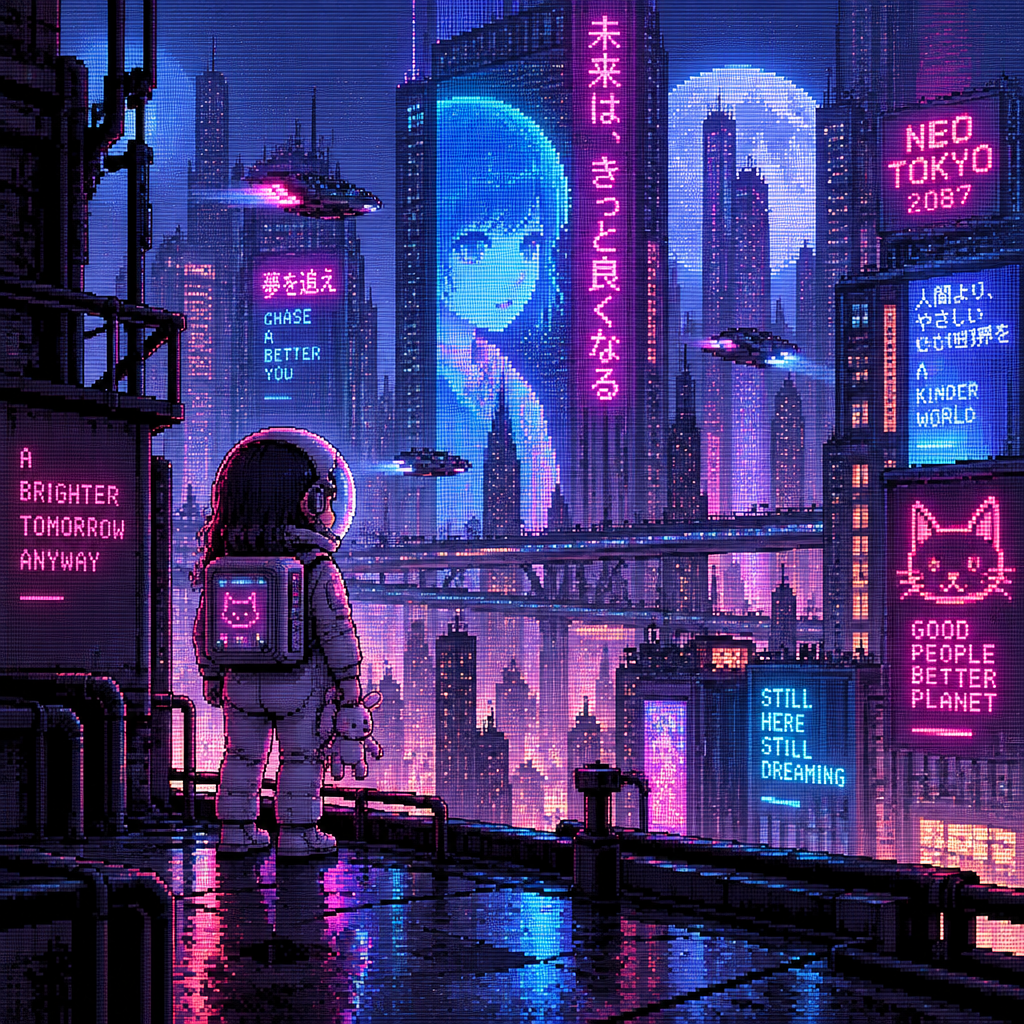 Little girl astronaut standing on a rooftop of a city full of neon signs