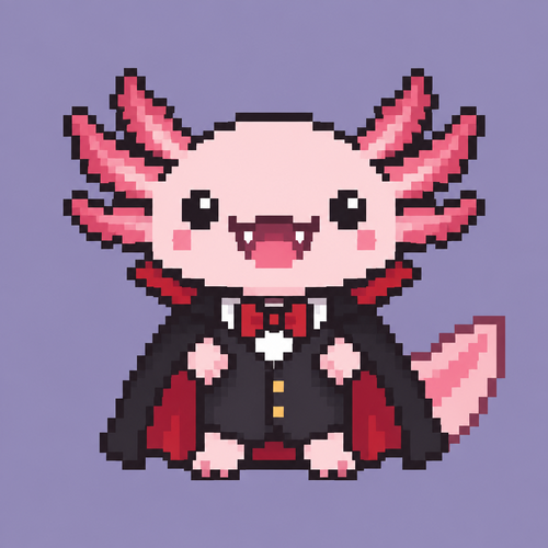Cute kawaii axolotl dressed as Dracula. Plan background 