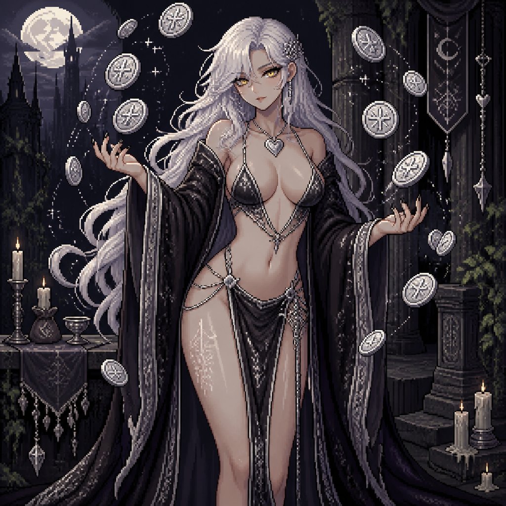 Pixel art of a person in ornate attire surrounded by floating coins and gothic candles