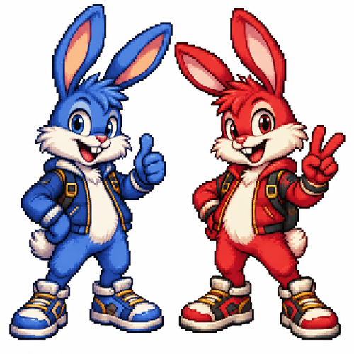 Blue and red cartoon rabbit, full body, white background