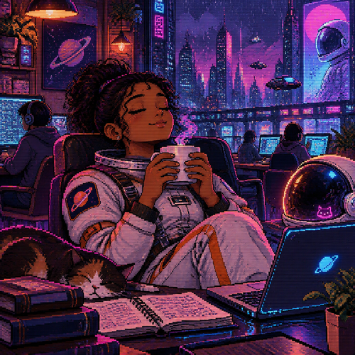 An young girl astronaut with brown skin relaxing with a coffee with eyes closed after studying in a cyber cafe— no words in image