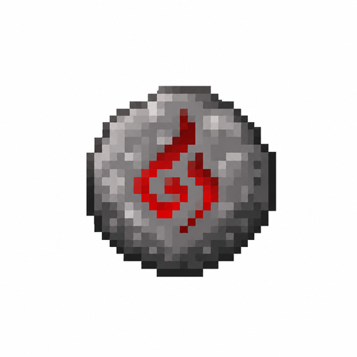 eine flache minecraft textur in 16x16 Pixeln eines runden steins mit einer einzigen roten rune darin die feuer symbolisieren soll
