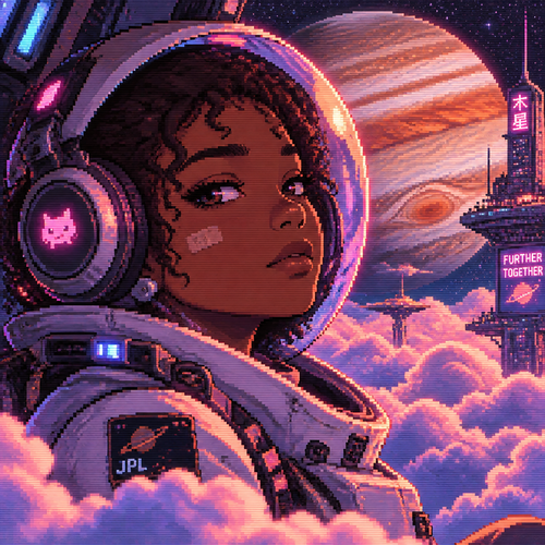 Make a close up image of a young teen astronaut with brown skin and headphones surrounded by clouds with jupiter in the background 