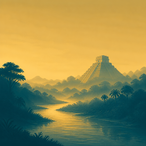 dark moody digital painting, dawn haze over a stepped Mesoamerican pyramid rising above a dense jungle tree line, a wide river curving through the foreground, strictly limited color palette (2-3 tones maximum): teal and gold only, no other hues, mist low in the valley, empty of people and animals, open negative space in the sky, no text