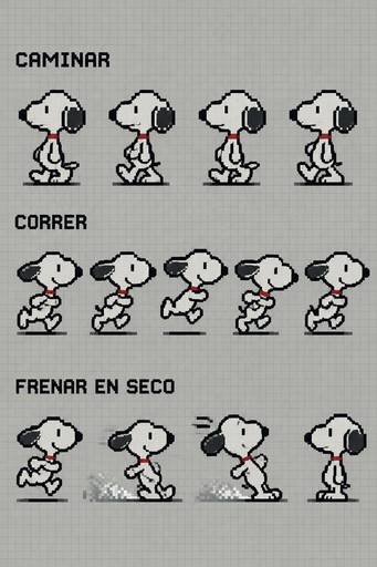 Pixel art person demonstrating walking, running, and stopping movements on a gray background.