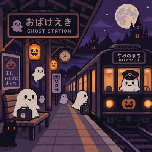 Spooky kawaii, cute ghost train station