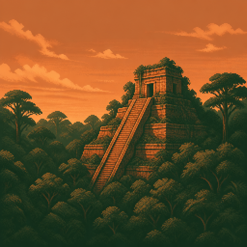 soft painterly gouache illustration, late afternoon light over a stepped pyramid half-swallowed
by dense jungle canopy, strictly limited color palette (2-3 tones maximum): forest green and
copper only, no other hues, warm rim light on the stonework, no water, empty of people and
animals, open sky visible above the treeline, no text