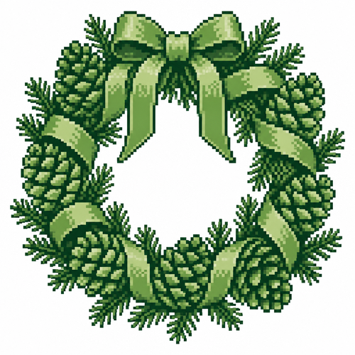 A pinecone wreath with sharply defined scales and a woven ribbon. White background 