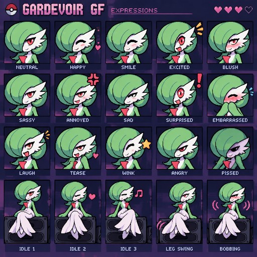 Pixel art grid of green-haired characters showing various expressions and poses, with pink accents.