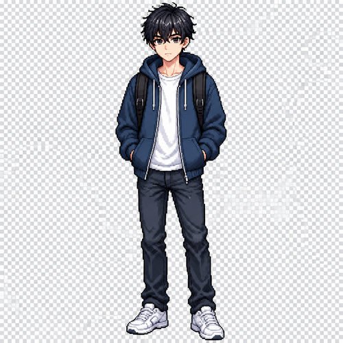 Full body 2D pixel art game character of a 17-year-old male high school student. Short slightly messy black hair, navy blue hoodie over a white t-shirt, dark jeans, white sneakers and a simple black backpack. Normal slim teenage proportions, calm slightly serious expression. Modern high school student, grounded realistic appearance, detailed 32-bit pixel art style, standing idle, front view, centered character, transparent background, game sprite, no text, no scenery.