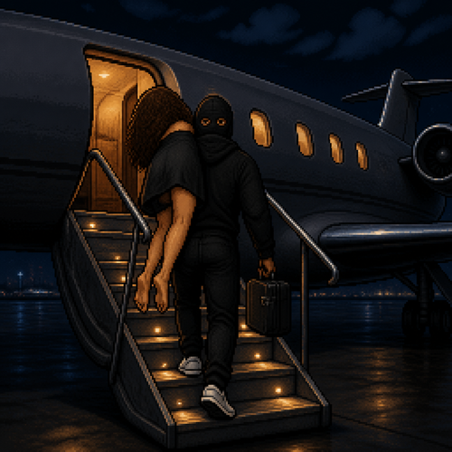 nighttime scene, man in black clothing and a black hoodie, wearing a plain black balaclava-style mask covering his entire head and face, two simple round eye holes showing brown eyes, walking up illuminated boarding stairs onto a private jet, carrying his wife over one shoulder and a small case in one hand, his wife is tan with brown curly hair wearing a black dress, she has no shoes on, you cannot see her face only her curly hair , white sneakers, jet cabin door glowing warm amber light from inside, jet exterior dark grey with visible windows, illuminated boarding steps, deep navy night sky with scattered clouds, moody cinematic lighting, tarmac visible below, 16-bit pixel art, dithered shading, limited color palette, hard pixel edges, retro game aesthetic, cinematic framing