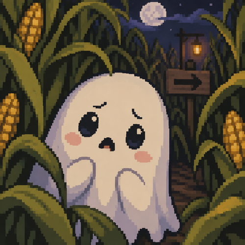 Cute spooky kawaii image of little ghost lost in a corn maze. Close up 