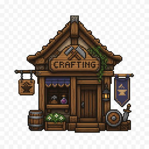 Can you generate me a fantasy style medieval 64x64 pixeled crafting shop front view on a completely transparent background. I want the store to be wooden with small wooden details. Add some decorations around the outside.