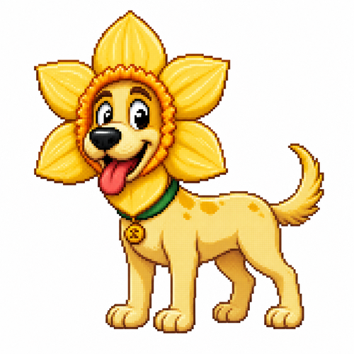 Cartoon daffodil dog, full body, white background