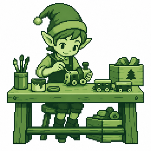 An elf painting wooden toy trains at a workbench. White background 